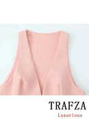 TRAFZA Vintage Chic Solid Women Suit V Neck Sleeveless Sashes Vest Blazer Straight Shorts New Fashion 2025 Summer Office Sets - M & M Global
