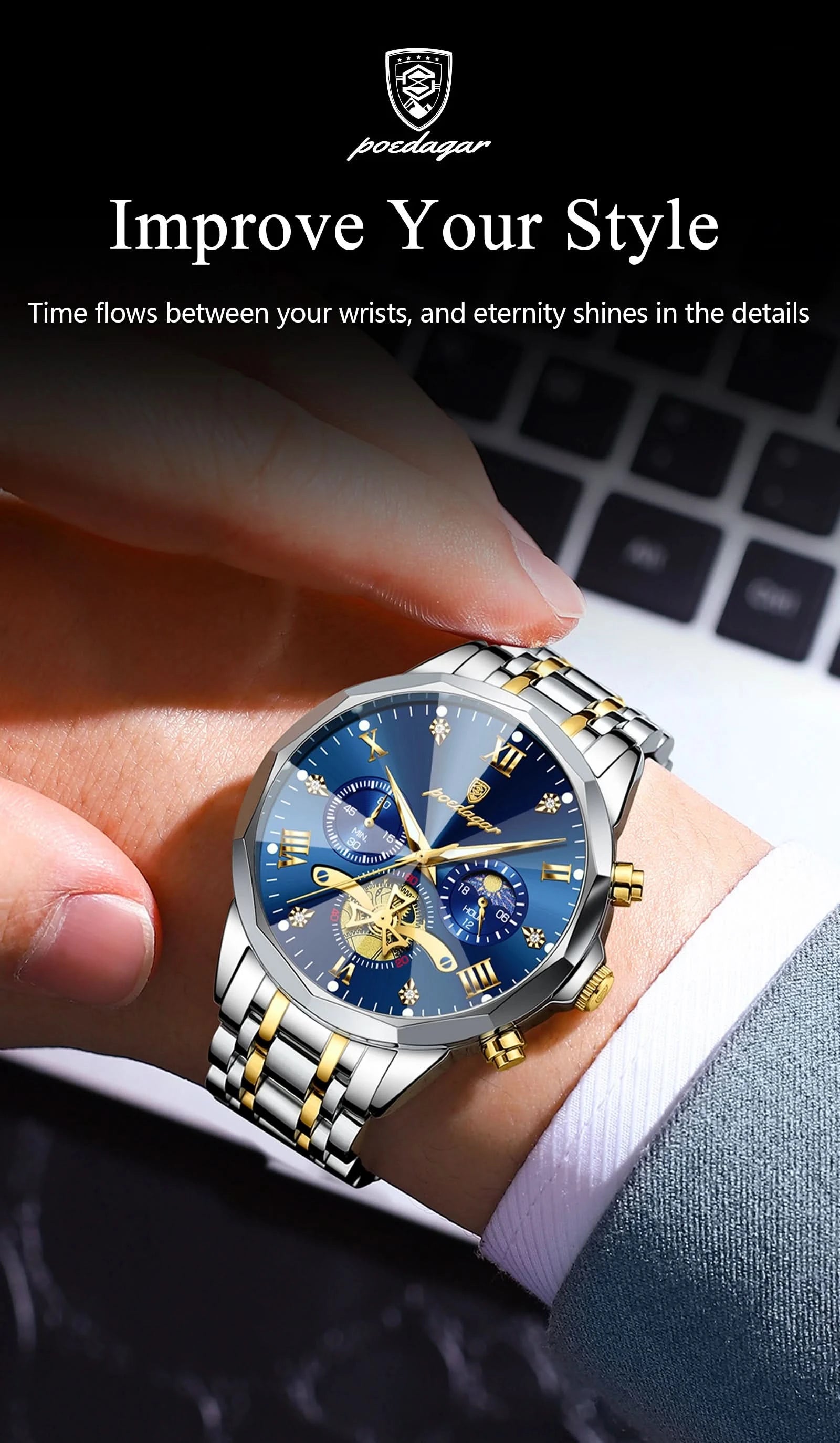 POEDAGAR Luxury Men Watch Top Original Waterproof Luminous Chronograph Man Wristwatch Stainless Steel Quartz Men's Watches Reloj - M & M Global