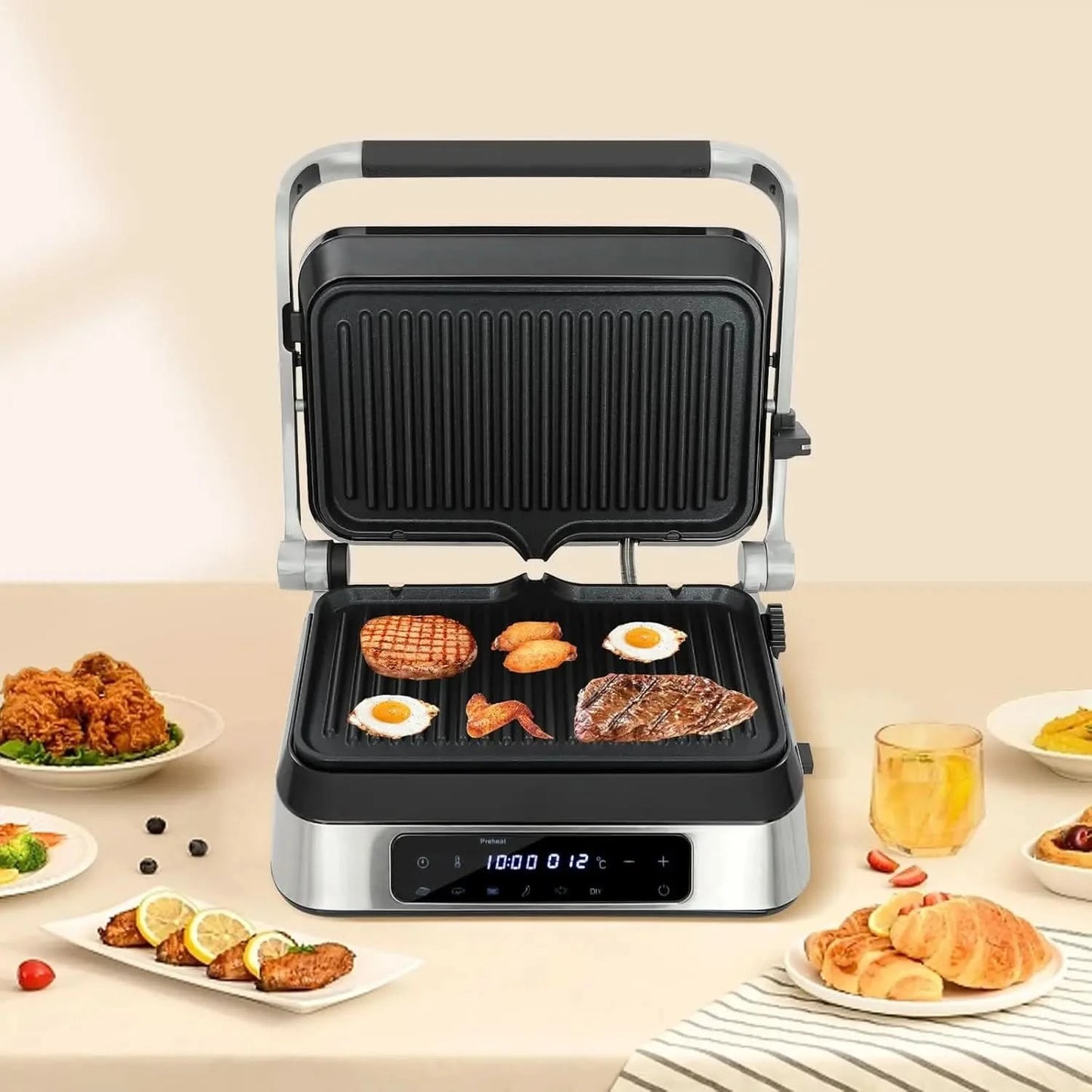 Sandwich Maker,1600W Touch-sensitive 2 In 1 Steak Making Machine, Adjustable Sandwich Making Machine with LED Display Screen for - M & M Global