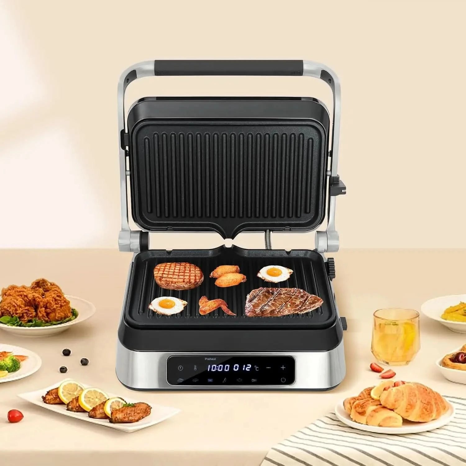 Sandwich Maker,1600W Touch-sensitive 2 In 1 Steak Making Machine, Adjustable Sandwich Making Machine with LED Display Screen for - M & M Global