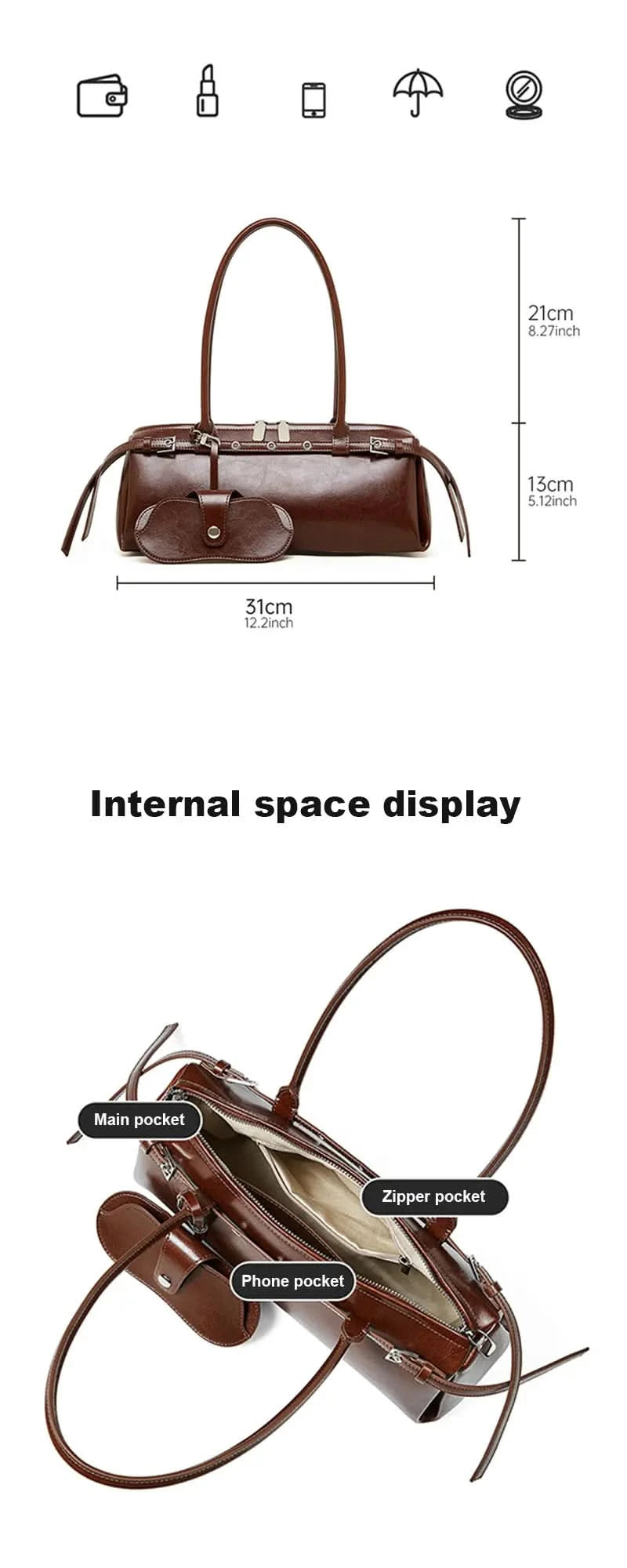 New Women's Rectangle Bag Luxury Designer Shoulder Bags High Quality Cowhide Handbags Fashion Women Baguette Bag 3086 - M & M Global