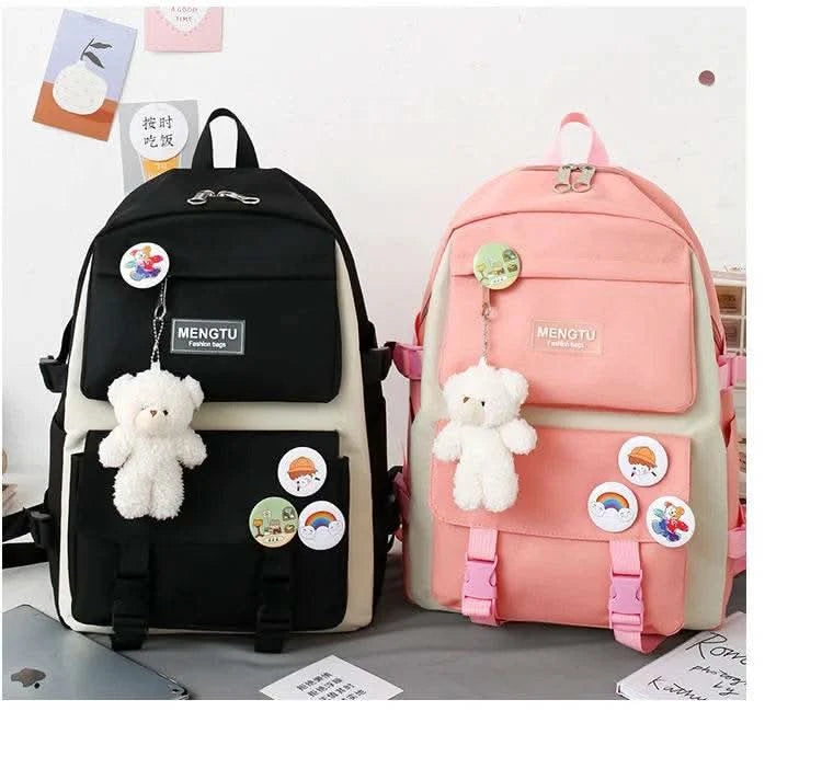 5PCS Kit Backpack Female Fashion Lady High Capacity Waterproof College Trendy Girls Laptop School Bags Cute Girl Travel Book Bag - M & M Global