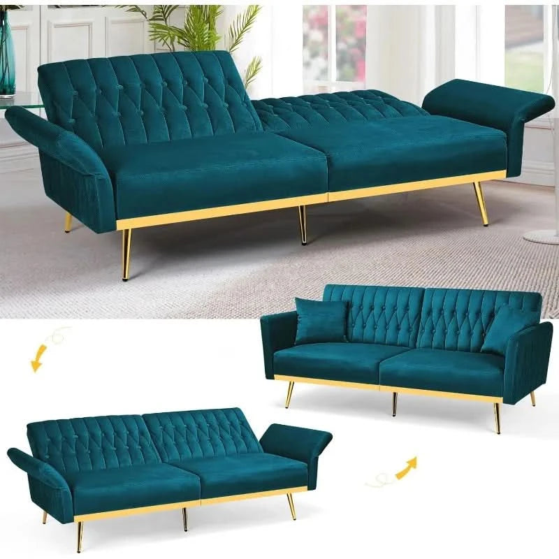 70” Velvet Futon Sofa Bed w/Adjustable Armrests and Backrest, Convertible Futon Couch w/2 Pillows, Modern Sleeper Bed for Living