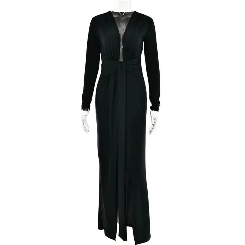 Mozision Deep V Neck Long Sleeve Split Maxi Dress Women Elegant Clubwear 2023 Autumn New Bodycon Ruched Sexy Long Dress - M & M Global