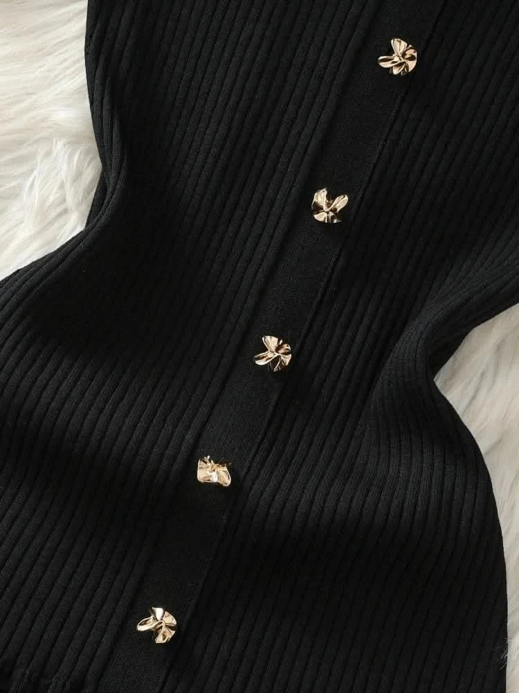 Summer 2024 New Women's Black Beige Single Breasted Knitted Long Dress Green Elegant Office Lady Short Sleeve Pleated Dress Chic - M & M Global