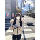Y2K American Retro Fluffy Fur Collar Hooded Cotton Coat Women Solid Cream Winter Warm Slim Casual Jacket