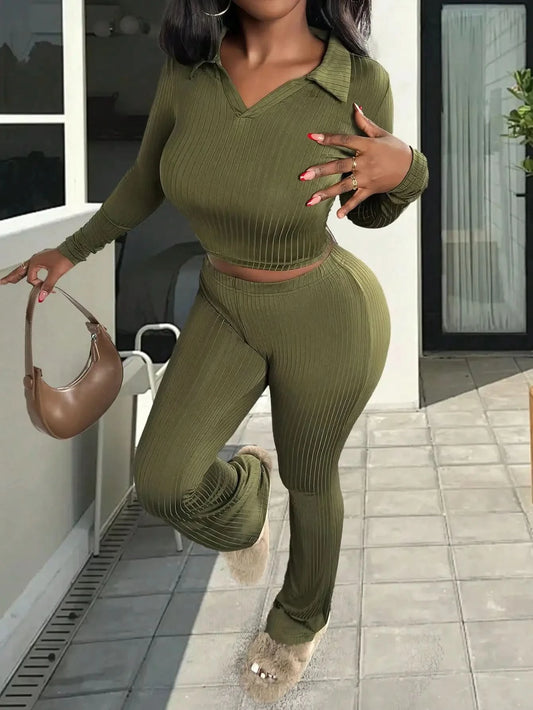 2025 Newest Women's Two-Piece Set Casual Comfortable V-Neck Ribbed Knit Solid Color Long Sleeve Top and Pants