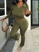 2025 Newest Women's Two-Piece Set Casual Comfortable V-Neck Ribbed Knit Solid Color Long Sleeve Top and Pants