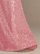 Luxury Pink Floor Length V-Neck Evening Dress 2025 Women Elegant Party Maxi Dress Sequin Short Sleeves Prom Cocktail Gowns