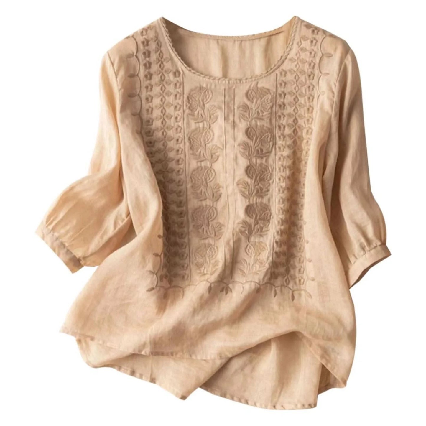 Cotton Linen Blended Summer Blouse Women Embroidered Floral Thin Long Sleeve Blouses Round Neck Loose Female Top - M & M Global
