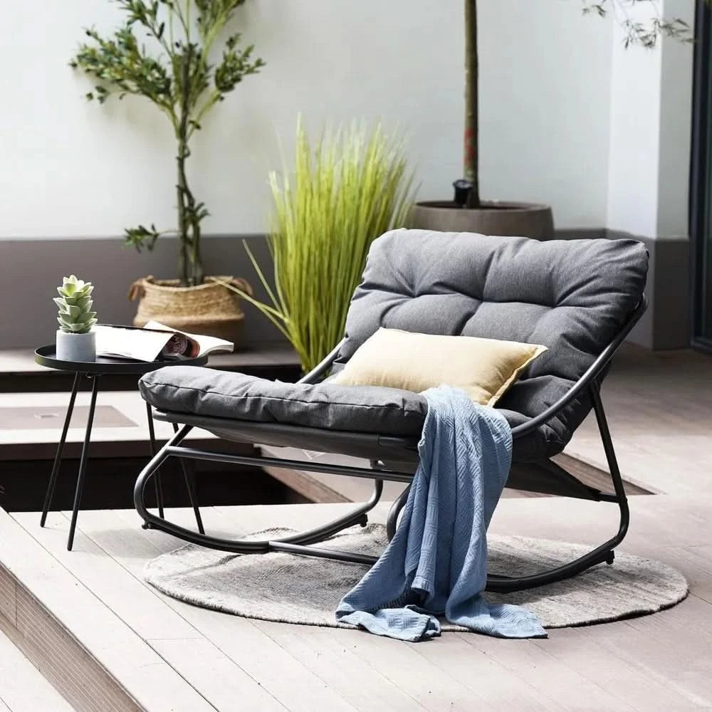 Outdoor Rocking Chair,E-Coated Modern Cozy Lounge Rocker Chair for Both Outdoor Indoor with Puffy Cushion, Patio Rocking Chair