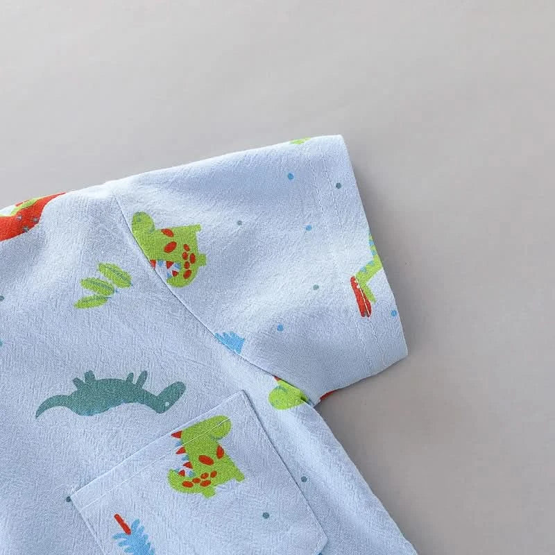 Infants and Toddlers Covered in Printed Cartoon Dinosaur Stand-up Collar Shirt Short Sleeve 2 Piece Set - M & M Global
