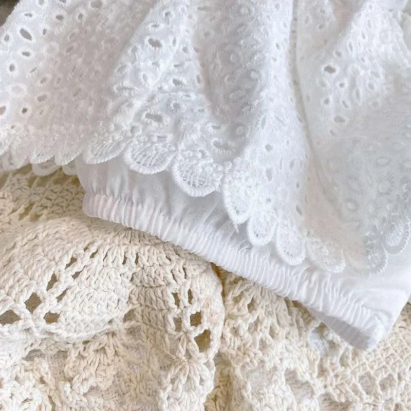 2PCS Kids Sets Summer Girl Clothes Children Hollow Lace Sleeveless Tops Shorts Set Fashion Baby Girl Cardigan Fake Two Suit - M & M Global