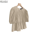 ZANZEA Women Summer Tops Short Sleeve Blouse 2025 Casual Solid Color Tunic Female Ruffled Round Neck Pleated Blusas Oversized