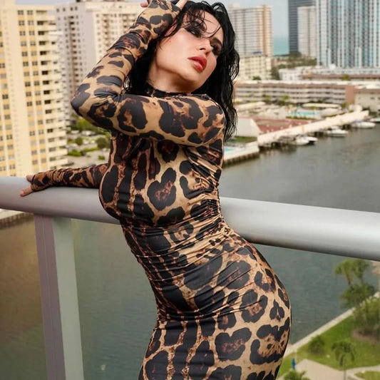 Print Leopard Print Slim Long Dress Women's Fashion Long Sleeve Sexy Party Dress Summer Street Leopard Print Long Dress 2024 New - M & M Global