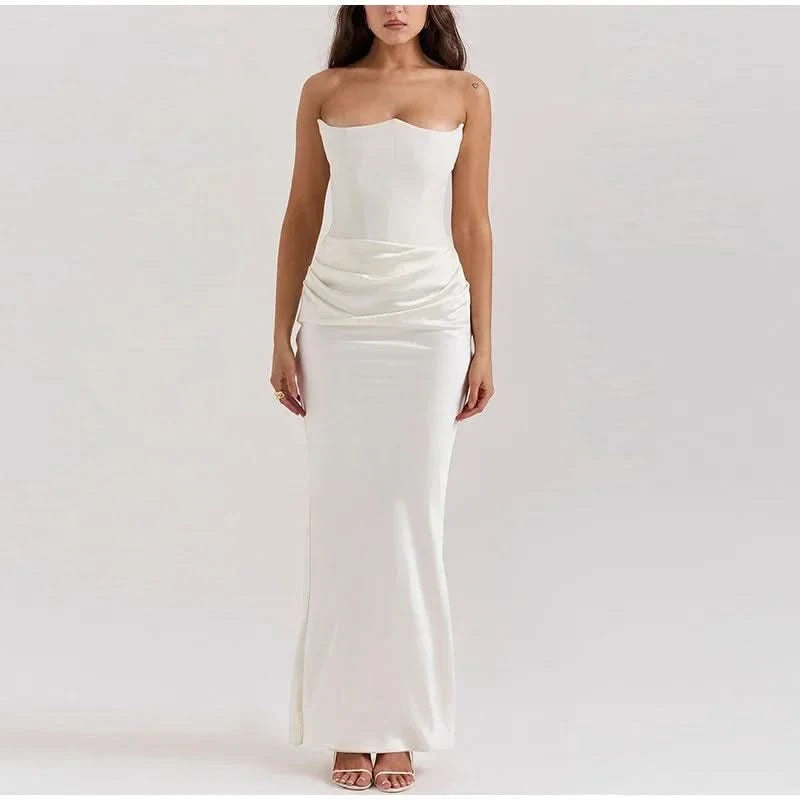 Sexy Strapless Patchwork Long Dress Women Slim Sleeveless Pleated Mermaid Dresses 2025 Spring Summer Lady Evening Solid Robe - M & M Global