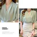 Women Summer Style Blouses Shirts Lady Casual Short Puff Sleeve V-Neck Beading Decor Blusas Tops WY1035