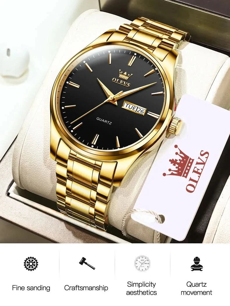 OLEVS Men Watches Waterproof Stainless Steel Quartz Male Wristwatch Gold Watch Fashion Luminous Luxury Calendar Business Clock - M & M Global