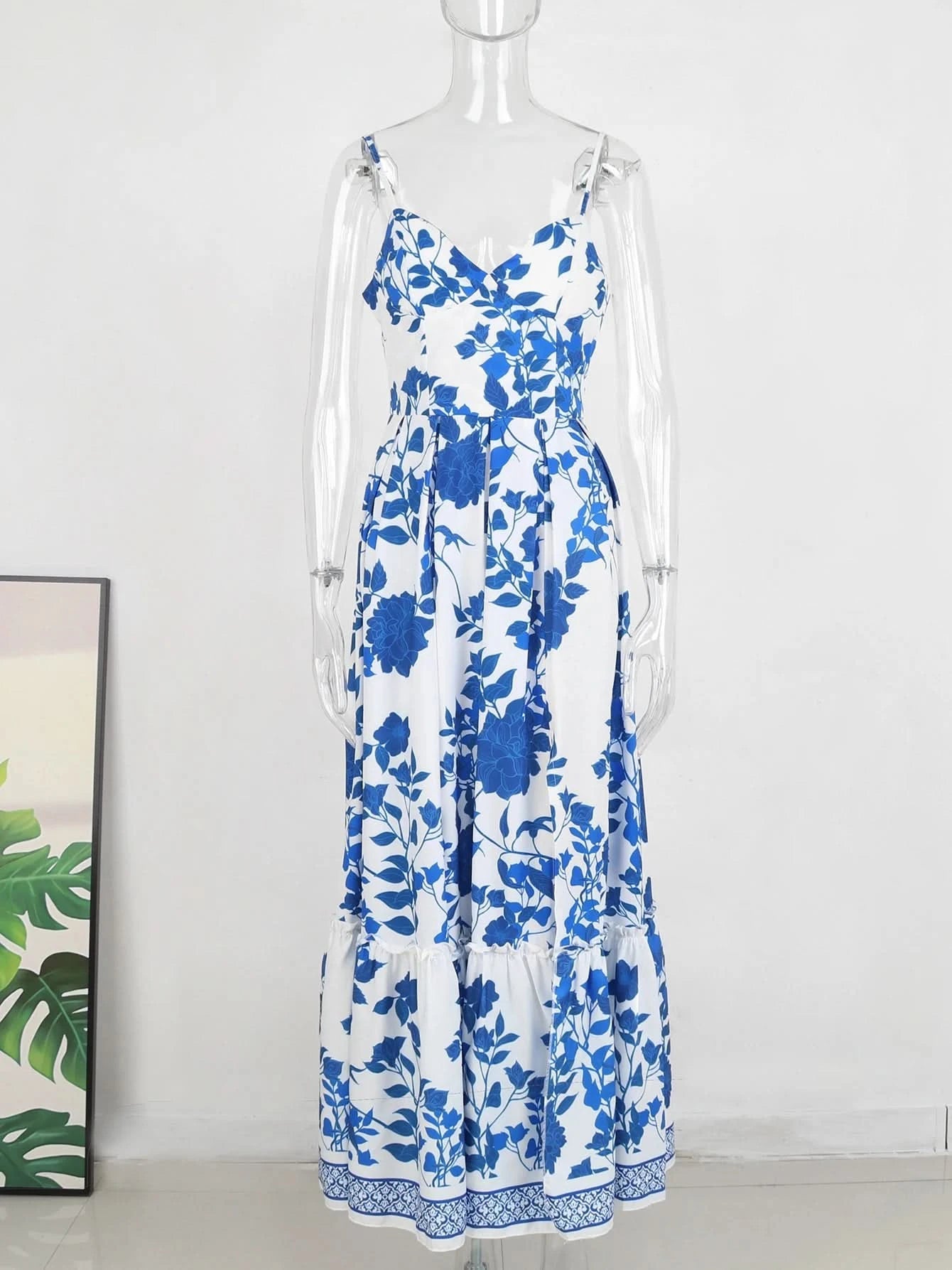 Summer Print Long Dress Women Clothing Lace Up Sling Party Dresses Pattern Strappy Ladies Hollow Out V-Neck Beach Vestidos - M & M Global