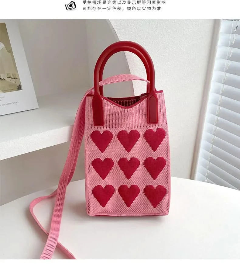 Korean Fashion Heart Knitted Mini Square Handbag for Women Small Mobile Phone Shoulder Bags Girls Cute Outdoor Crossbody Bags - M & M Global