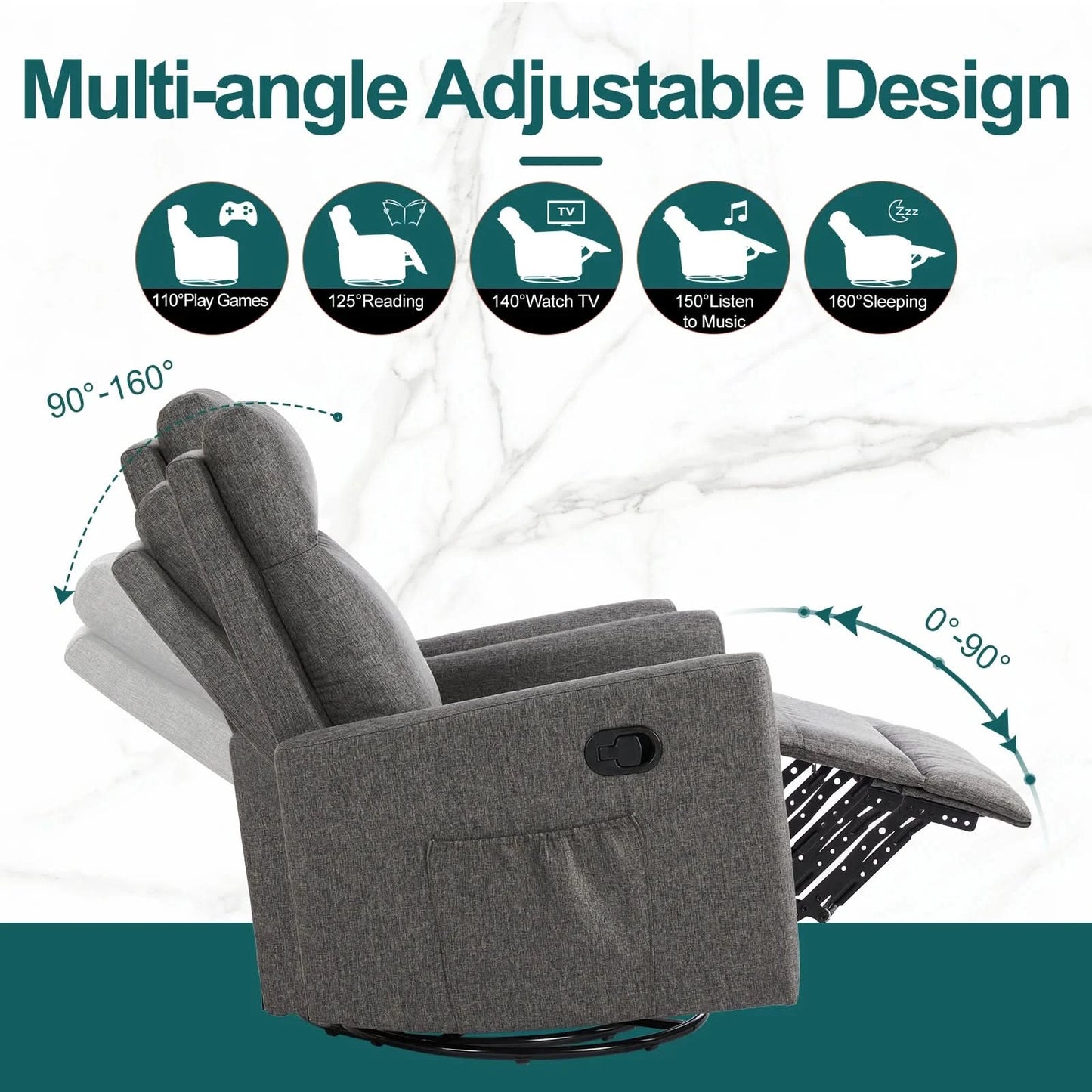 JHK Swivel Rocking Living Room Sofa Manual Upholstered Seating Recliner Angle Adjustable with Extra Large Footrest for Bedroom