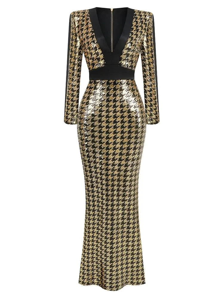 Sexy V Neck Bird Lattice Sequins Maxi Dress Women Black Gold Sequin Long Sleeves Bocycon Long Dress Runway Evening Party Gown - M & M Global