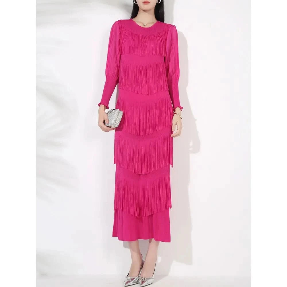 Vintage O-Neck Elegant Long Lantern Sleeve Chic Tassel Slim Long Dress French Fashion Evening High Street Autumn Winter Clothing - M & M Global