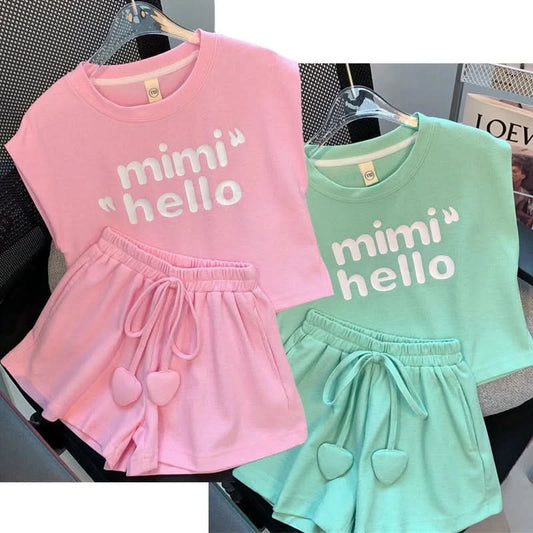 New 4 -14 Years  Summer Girls Clothing Set Letter Print Sleeveless T-shirt + Heart Shorts Pants 2pcs Suit Kids Leisure Outfit - M & M Global