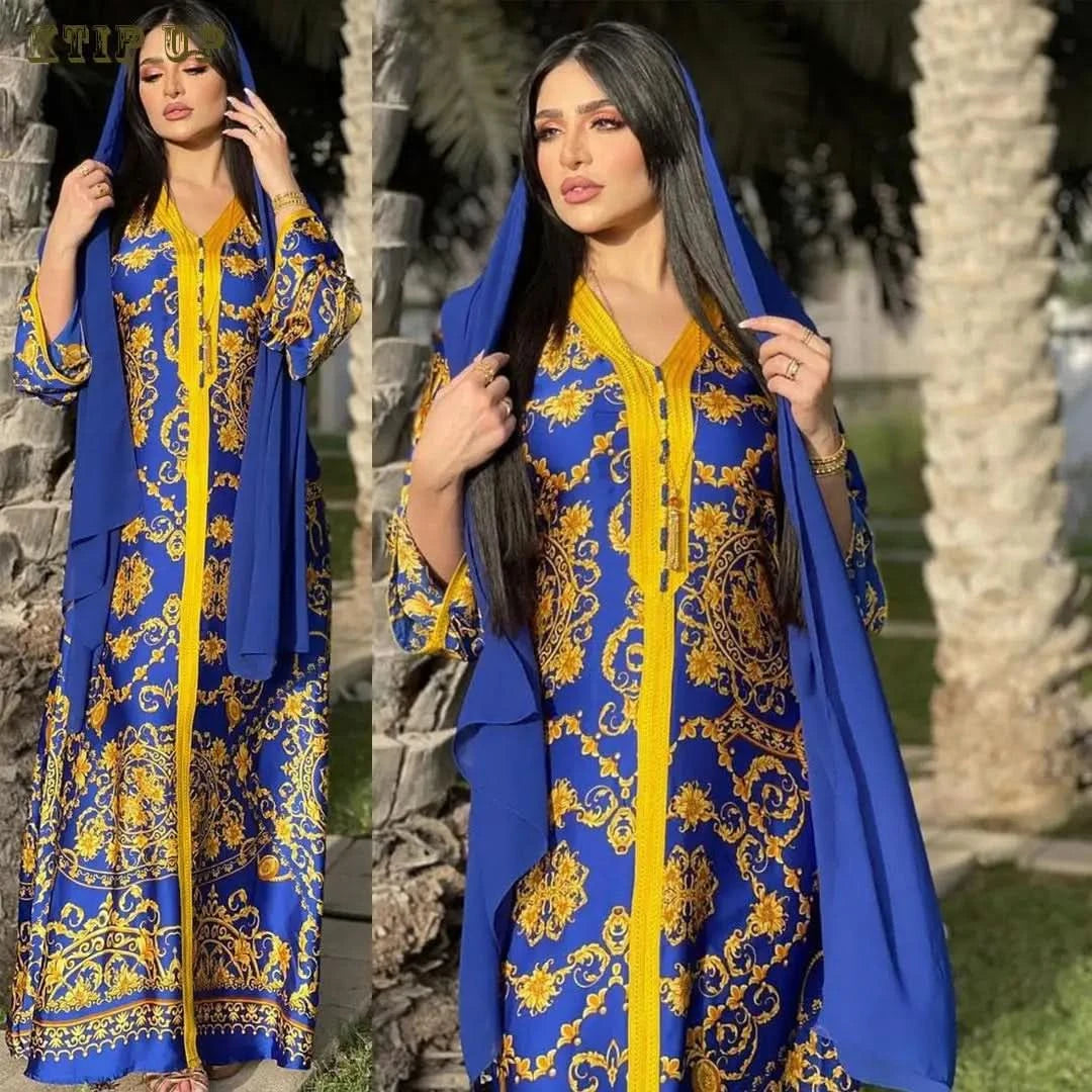 Ramadan Luxury Muslim Fashion Bat Sleeve Moroccan Turkiye Dubai Dress Middle East Arab Dress Sequins Golden Velvet Long Dress - M & M Global