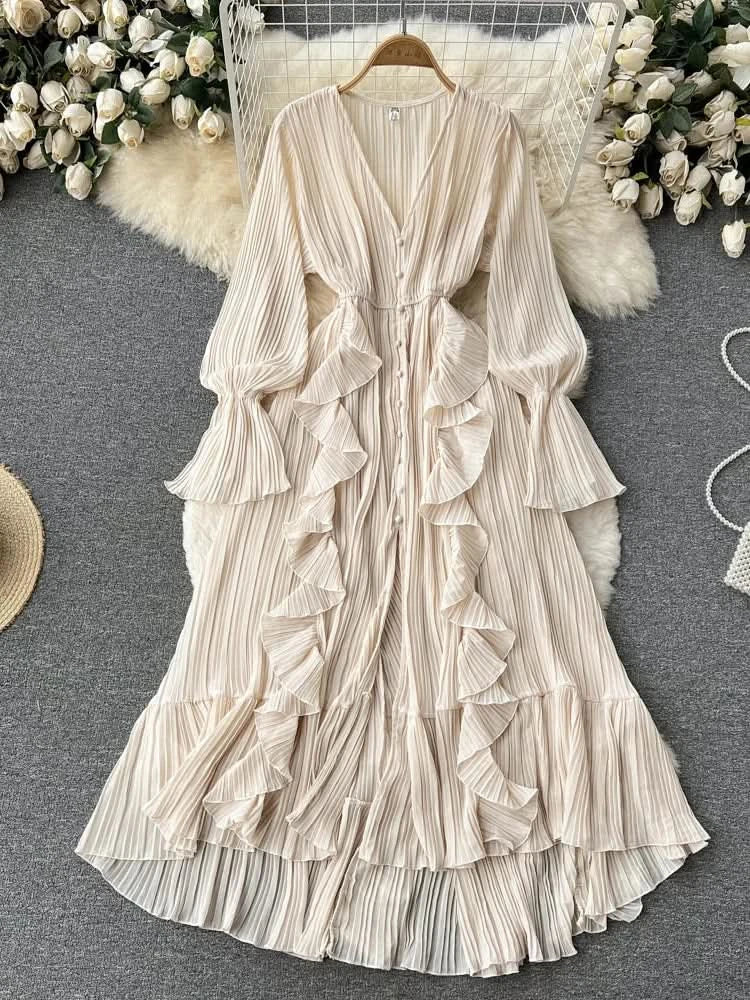 Purple/Brown/Red Chiffon Pleated Long Dress Women Vintage V-Neck Flare Sleeve Draped Ruffle Vestido Female Maxi Robe Spring Fall - M & M Global