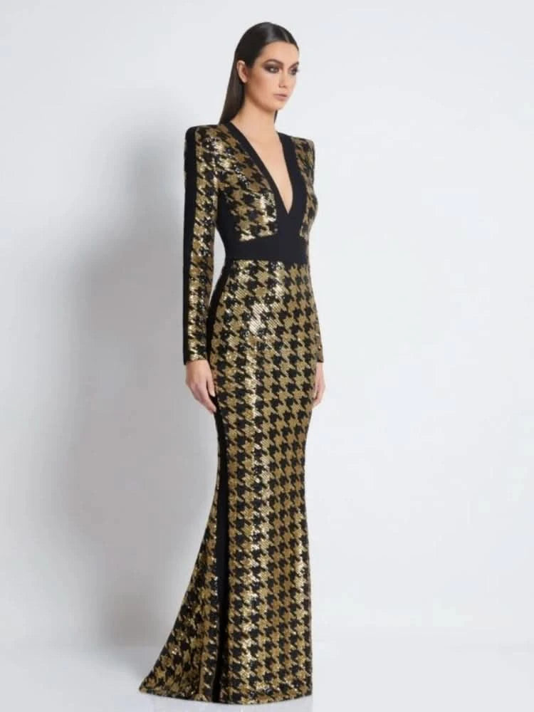 Sexy V Neck Bird Lattice Sequins Maxi Dress Women Black Gold Sequin Long Sleeves Bocycon Long Dress Runway Evening Party Gown - M & M Global