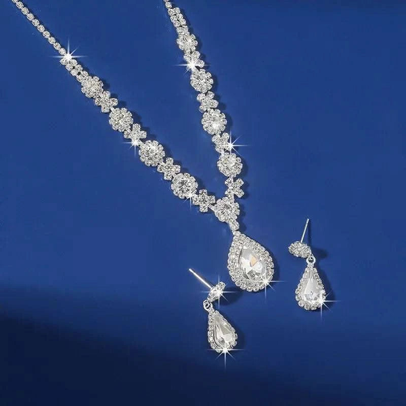 2pcs/set Jewelry Sets Women Elegant Waterdrop Rhinestone Pendant Necklace stud Earrings Wedding Dress Bridal Jewelry Set - M & M Global
