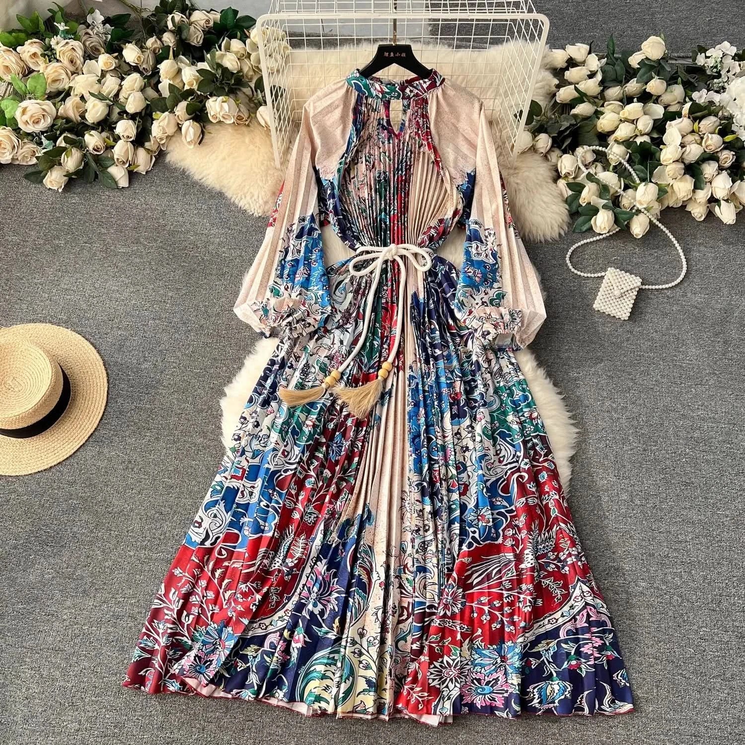 Spring Holiday Print Long Dress For Women Fashion Loose Lantern Sleeve Party Robe Female Big Swing Tassels Belt Pleated Clothes - M & M Global
