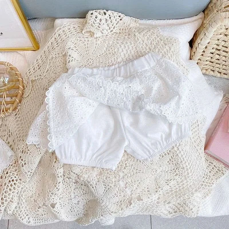 2PCS Kids Sets Summer Girl Clothes Children Hollow Lace Sleeveless Tops Shorts Set Fashion Baby Girl Cardigan Fake Two Suit - M & M Global