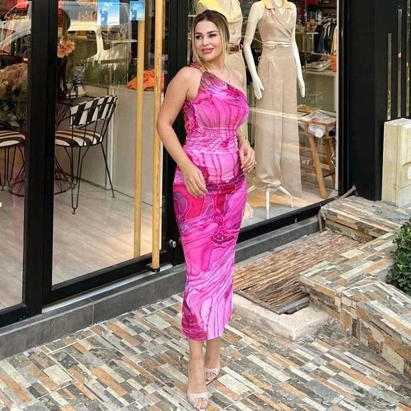 CUTENOVA Sexy Slash Collar Gradient Print Long Dress Summer Chic One-Shoulder Backless Party Dresses Sleeveless Hollow Slim Fit - M & M Global