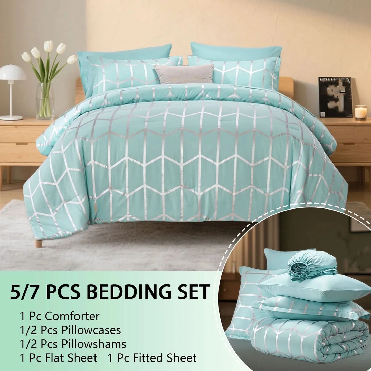 Teal geometric patterned bedding set with comforter, pillowcases, and flat sheet on a bed.
Comfora Cozy Bedding Set
sage green bedding
white bedding set
comforter set queen
floral duvet cover
Comfora Cozy Bedding Set
plush comforter set cozy pack
ultra-soft all-season comforter and shams
luxury cozy bedding set online
warm textured comforter set King/Queen

Green Plant Bedding


Botanical Quilt Set


Nature Print Bedding


5 Piece Bedding Set

7 Piece Bedding Set
