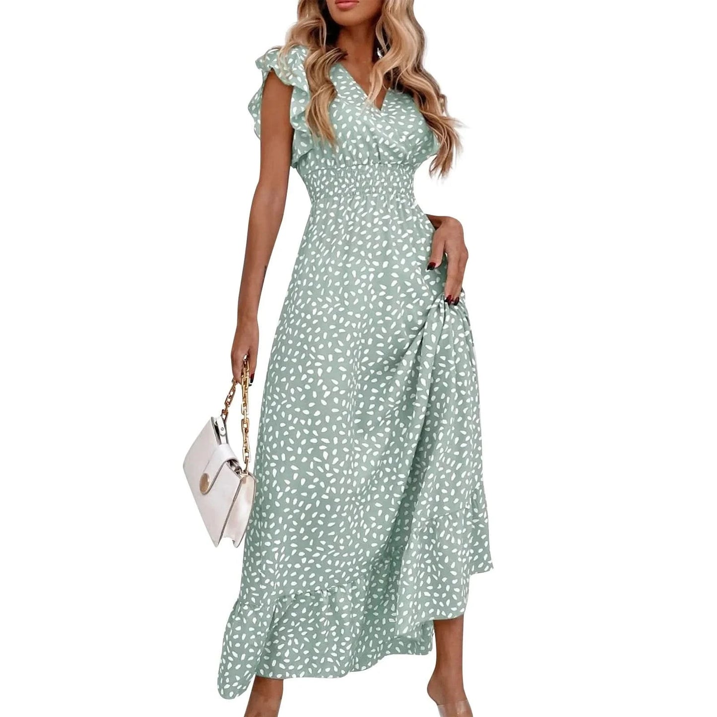 Polka Dot Dress For Women Sexy V-Neck Long Dress Casual And Fashionable Ruffle Edge Short Sleeved High Waisted Dress - M & M Global