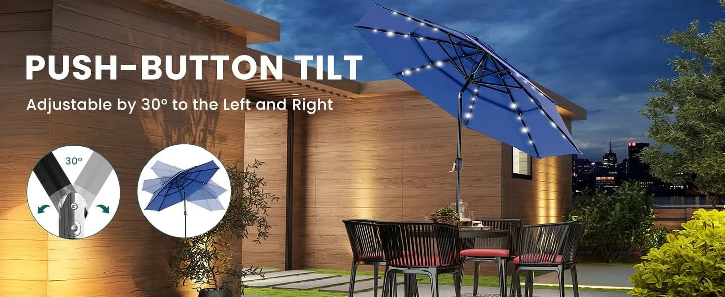 JHK 10FT 3-Tier Patio Outdoor Umbrella with Solar 32 LED Lights Tilting Table Umbrella with 8 Sturdy Ribs for Garden Backyard