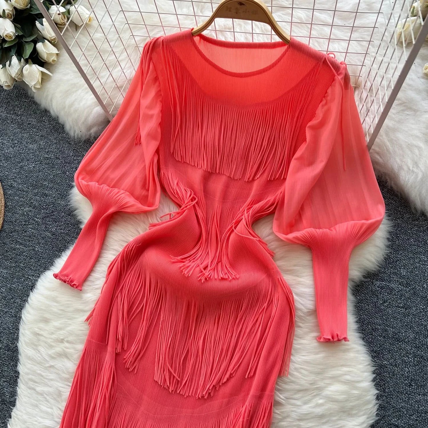 Vintage O-Neck Elegant Long Lantern Sleeve Chic Tassel Slim Long Dress French Fashion Evening High Street Autumn Winter Clothing - M & M Global
