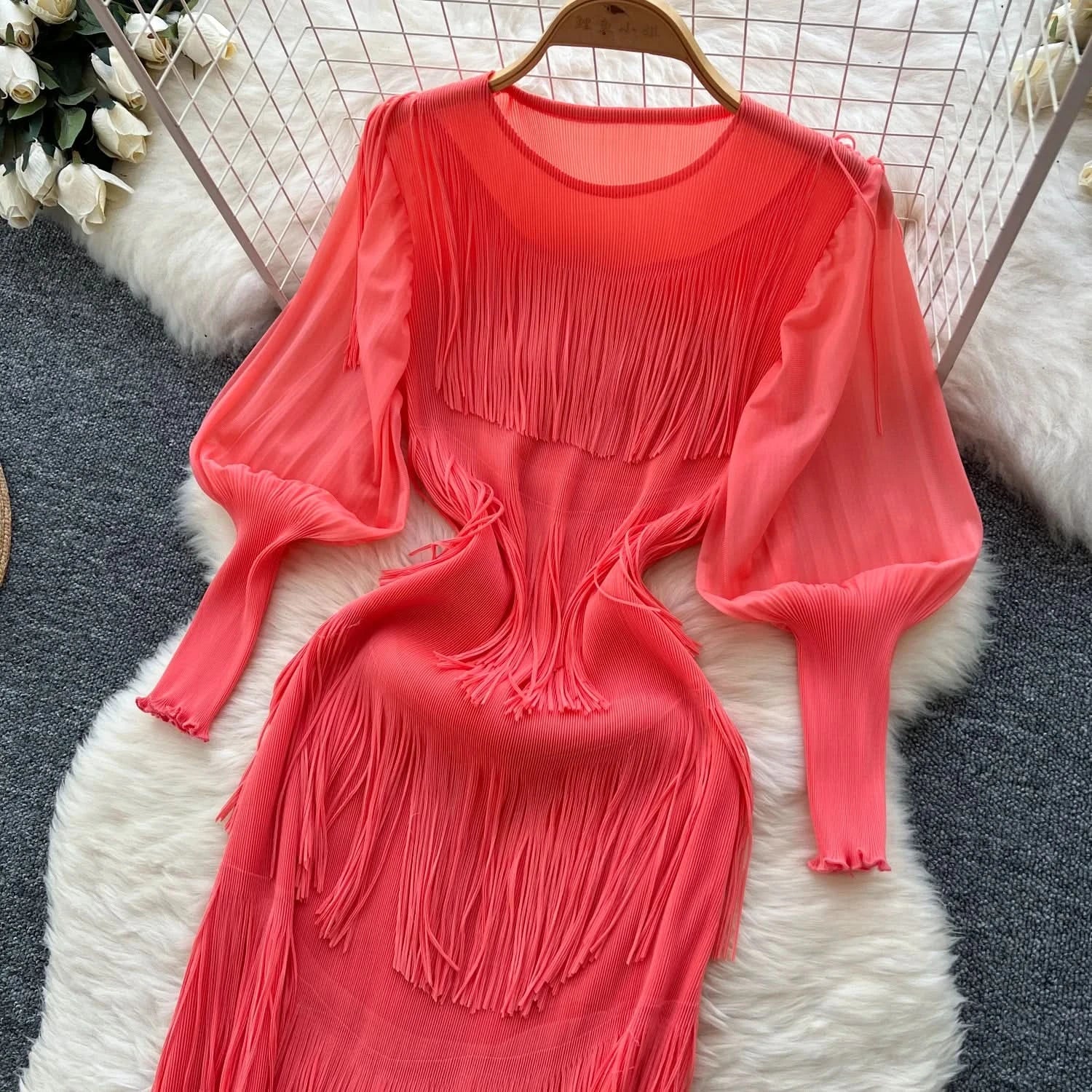 Vintage O-Neck Elegant Long Lantern Sleeve Chic Tassel Slim Long Dress French Fashion Evening High Street Autumn Winter Clothing - M & M Global