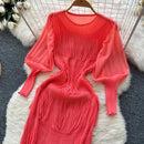 Vintage O-Neck Elegant Long Lantern Sleeve Chic Tassel Slim Long Dress French Fashion Evening High Street Autumn Winter Clothing - M & M Global