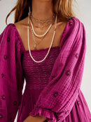 Women's Flower Embroidered Long Dress Bodycon Lantern Sleeve Square Neck Tiered Flowy Dress Bohemian Summer Beachwear Dresses - M & M Global