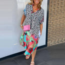 Retro Leopard Print Patchwork Pattern Party Dress Women Sexy V Neck Loose Split Long Dress Spring Summer Short Sleeve Boho Dress - M & M Global