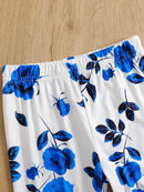 New Arrival Summer Girls Knitted Round Neck Flying Sleeve Tops + Rose Printed Casual Trousers Set 2Pcs