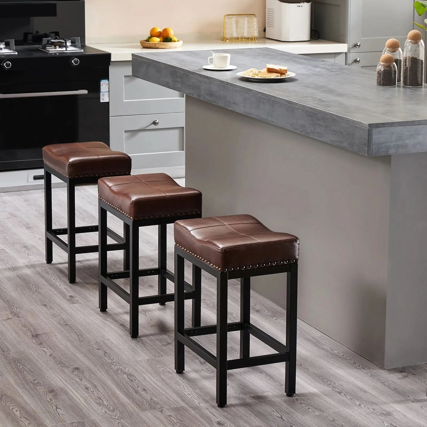 JHK Bar Stools Saddle-Style Pu Leather Upholstered Chair Counter Height Bar Stools with Metal Base Saddle Stools For Kitchen