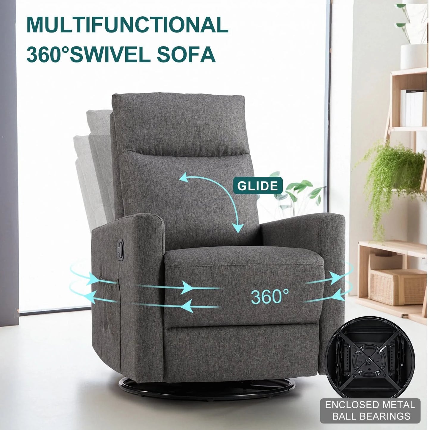 JHK Swivel Rocking Living Room Sofa Manual Upholstered Seating Recliner Angle Adjustable with Extra Large Footrest for Bedroom