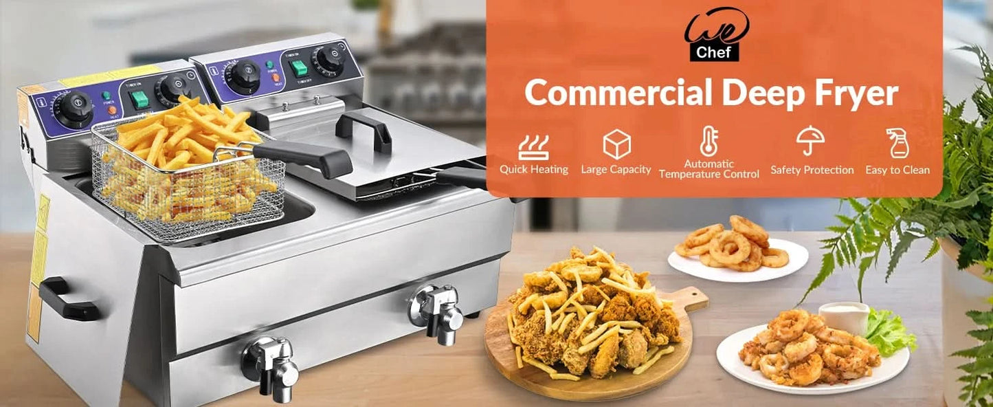 Commercial Electric Deep Fryer 23.4L 3000W Fryer w/Time Control and Oil Filtration Dual Removable Basket Stainless Steel Counter - M & M Global