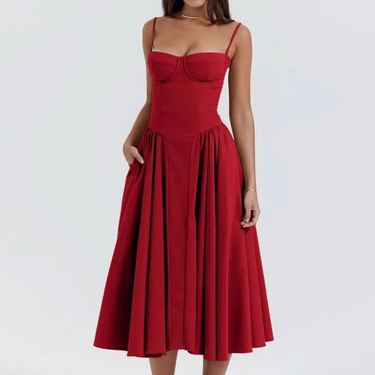 Summer Women Elegant Sleeveless Backless Pleated Dresses Lady Sexy Solid Sling Midi Dress 2024 Female Party Evening A-line Robes - M & M Global
