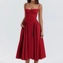 Summer Women Elegant Sleeveless Backless Pleated Dresses Lady Sexy Solid Sling Midi Dress 2024 Female Party Evening A-line Robes - M & M Global