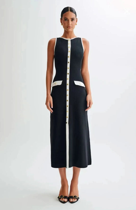 Elegant Women Knitted Long Dress Summer Sleeveless Single Breasted Bodycon Dresses High Street Fashion Office Ladies Black Robes - M & M Global